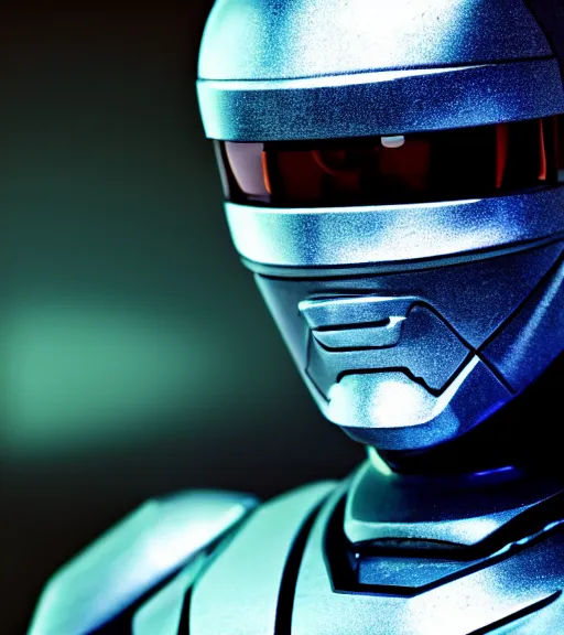 Prompt: night lowlight Robocop photo Closeup portrait