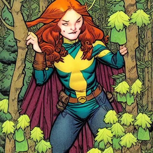 Image similar to A cute little Jean Grey by xmen collecting flowers in the forest. Absurdly-detailed fantasy character illustration by Rebecca Guay and Wayne Reynolds