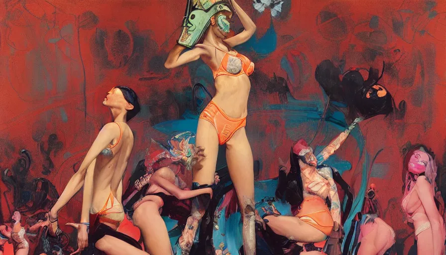 Prompt: victoria secret runway show by francis bacon, surreal, norman rockwell and james jean, greg hildebrandt, and mark brooks, triadic color scheme, by greg rutkowski, syd mead and edward hopper and norman rockwell and beksinski, wings, lingerie, dark surrealism, orange and turquoise