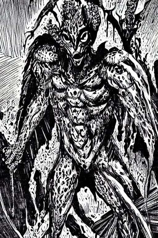 Prompt: the guyver as a d & d monster, pen - and - ink illustration, etching, by russ nicholson, david a trampier, larry elmore, 1 9 8 1, hq scan, intricate details, high contrast