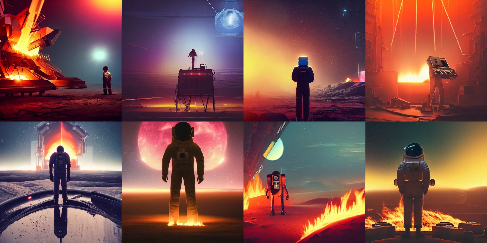 Prompt: beautiful dark landscape, astronaut standing looking at a giant old analog jp8000 synthesizer on fire, in the style of beeple and Mike Winkelmann, intricate, epic lighting, cinematic composition, hyper realistic, 8k resolution,