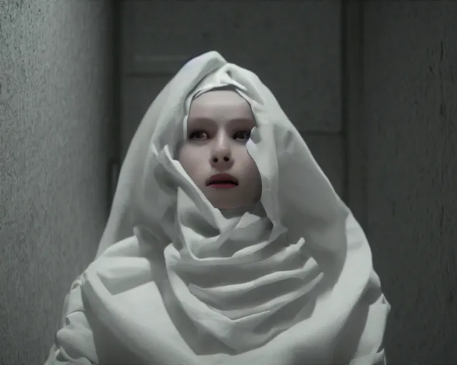 Image similar to a film still of a synthetic human wrapped in white cloth, in neotokyo, cinematic lighting, high resolution, 4 k