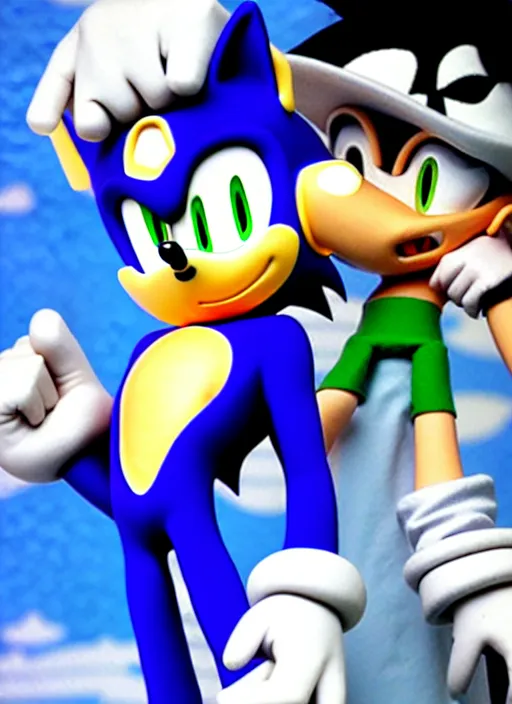 Image similar to sonic the hedgehog and jotaro kujo from jojo's bizarre adventure hanging out, photorealistic