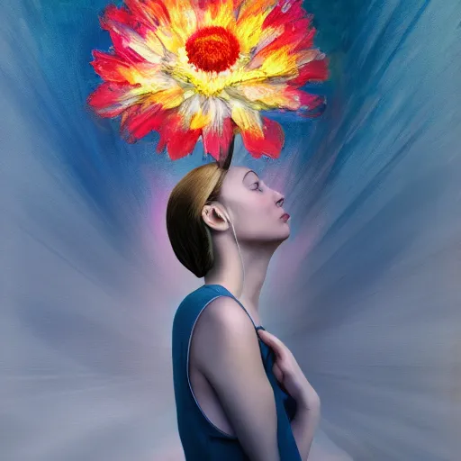 Image similar to huge flower as head, woman standing in a luxury apartment, surreal photography, dramatic light, impressionist painting, digital painting, artstation, georgia o'keeffe