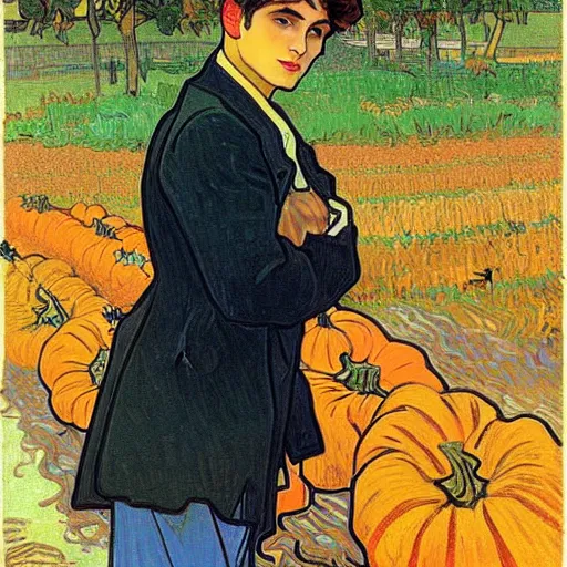 Image similar to painting of handsome young delicate beautiful jeffrey in his 2 0 s with brown hair and gorgeous rina together at the pumpkin patch in october, elegant, clear, painting, stylized, art, art by alphonse mucha, vincent van gogh, egon schiele