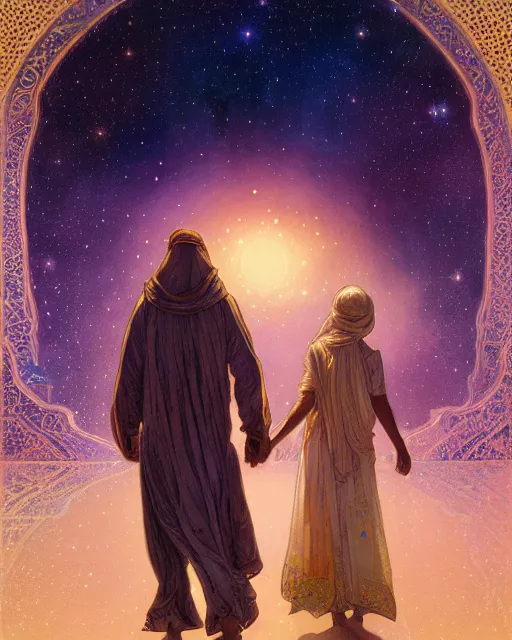 Image similar to bedouin man and woman and child in galaxy walking towards mosque surrounded by nebula, highly detailed, gold filigree, romantic storybook fantasy, soft cinematic lighting, award, disney concept art watercolor illustration by mandy jurgens and alphonse mucha and alena aenami, pastel color palette, featured on artstation