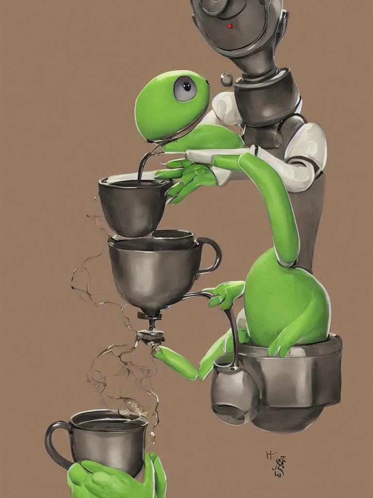 Prompt: serene illustration robotic kermit offering a cup of fresh steaming coffee, by Simon Stalenhaag, by Yoshita Amano, by Esao Andrews, sharp focus, fresh colors, conceptart, trending on artstation