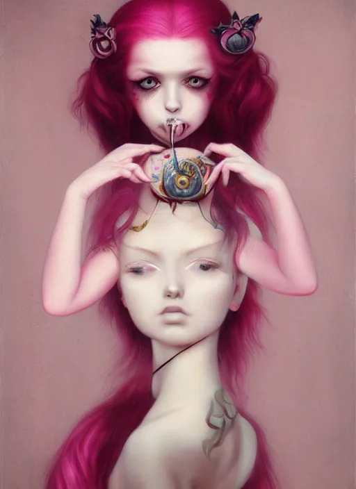 Image similar to pop surrealism, lowbrow art, realistic seductive cute woman painting, pink body harness, hyper realism, muted colours, rococo, natalie shau, loreta lux, tom bagshaw, mark ryden, trevor brown style,