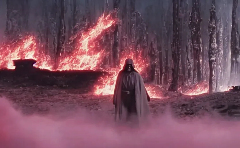 Prompt: screenshot of Luke Skywalker battling the ghost of Emporer Palpatine, with scattered ruins of a fiery pink forest, iconic scene from 1970s film by Stanley Kubrick, rise of skywalker, 4k HD, cinematic lighting, beautiful portrait of Mark Hammill, moody scene, stunning cinematography, anamorphic lenses, kodak color film stock, fire reak real life, ultra realistic, movie still