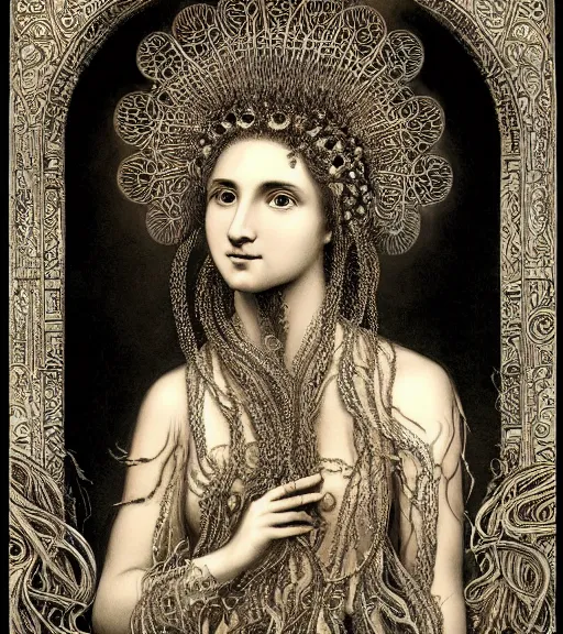 Image similar to portrait of a beatiful young goddess with intricate jellyfish headdress, dark background, intricate hyper detailed art by ernst haeckel,