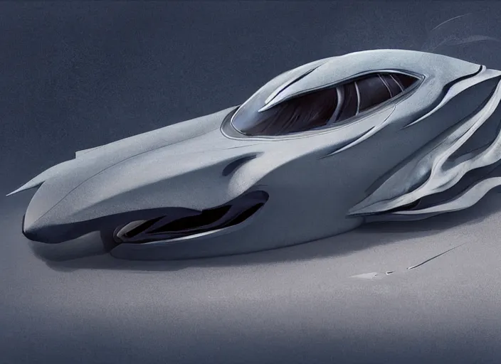 Image similar to beautiful concept design of a car that looks almost like a fish, a shark or a whale. car design by cory loftis, fenghua zhong, ryohei hase, ismail inceoglu, ruan jia, henrik fisker, bruce kaiser, scott robertson, dmitry mazurkevich, doruk erdem, and jon sibal. volumetric light