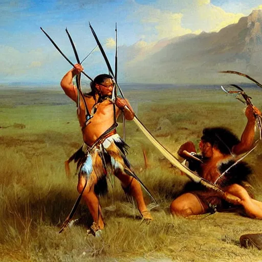 Prompt: native american man kills sabertooth with bow and arrow on great plains, painting by emanuel leutze and emanuel leutze and emanuel leutze