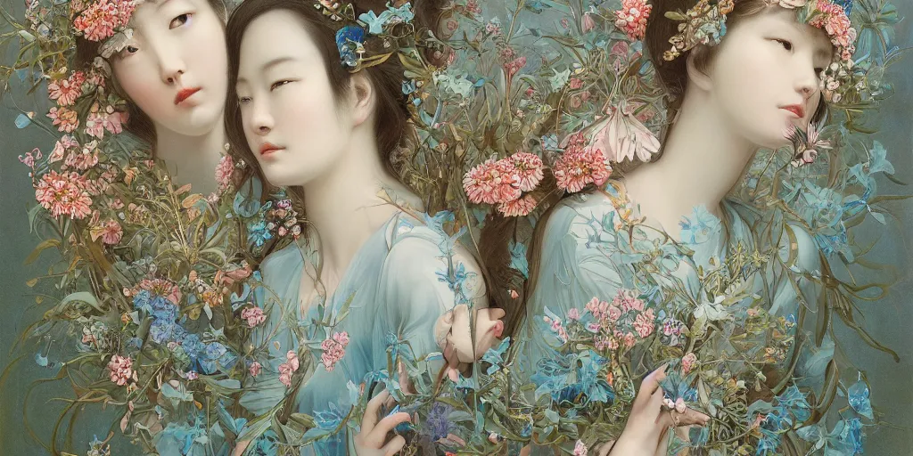 Image similar to breathtaking detailed concept art painting portrait of two goddess of light blue flowers by hsiao - ron cheng, carroty hair, orthodox saint, with anxious piercing eyes and amalgamation of leaves and flowers, vintage illustration pattern background with bizarre compositions and blend of flowers, fruits, birds by beto val and john james audubon, exquisite detail, extremely moody lighting, 8 k