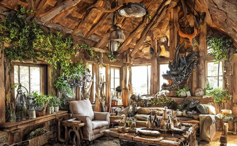 Prompt: cottage living room interior with a witch cauldron and bottles of potions and ingredients in jars, sunny, natural materials, rustic wood, window sill with plants, vines on the walls, dried herbs under the ceiling bookshelves, design. A giant dragon looking through the window. Fire. Gigantic dragon eye. Mordor