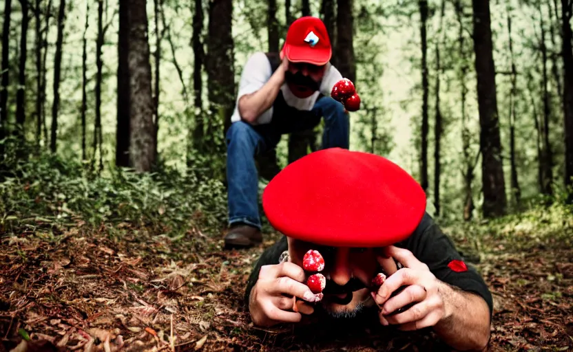 Image similar to italian man with a mustache dressed as mario wearing a solid red mario hat, crawling on the ground, eyes rolled back, licking a red mushroom with white spots, in a forest, photography, 5 0 mm lens, f 1. 8