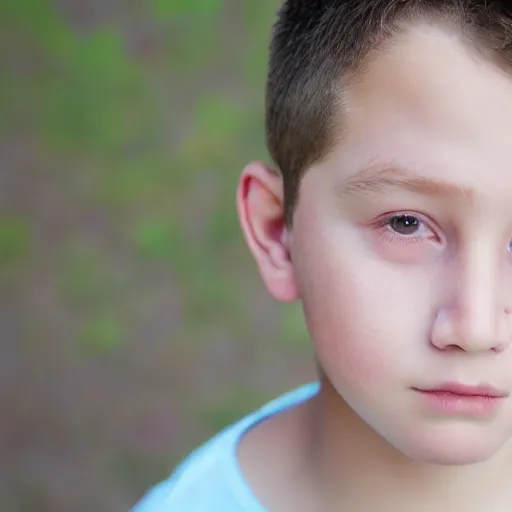 Image similar to closeup portrait of 8 year old boy, thick lips, very pink face, thin eyebrows, short light brown hair, facebook post