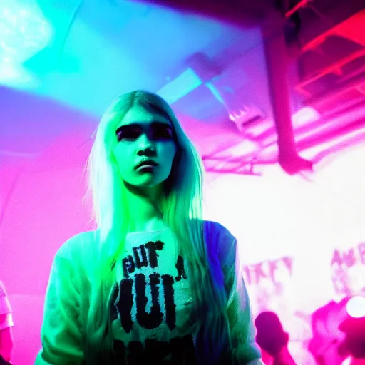Image similar to grimes on stage dancing, volumetric neon lights in the background, gleaming, 3 5 mm photography, portrait!!!!!!, trending on artstation, 4 k, 8 k, zbrush, mannerism
