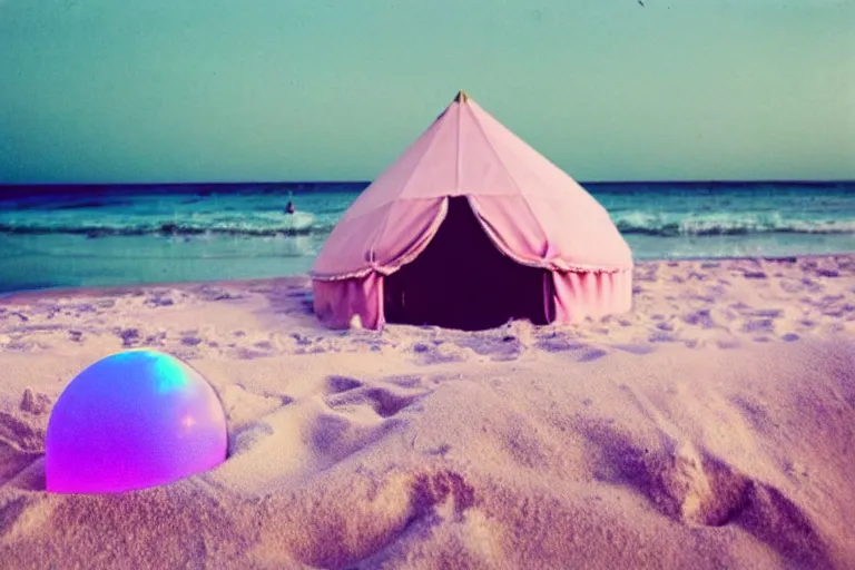 Image similar to a vintage family holiday photo of an empty beach from an alien dreamstate world with chalky pink iridescent!! sand, reflective lavender ocean water and a pale igloo shaped plastic bell tent. refraction, volumetric, light.