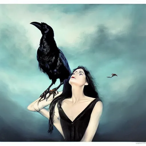 Image similar to morning, raven bird perching on the shoulder of a woman in a black dress. sun, cinematic, clouds, vogue cover style, copper and deep blue mood, realistic painting, intricate oil painting, high detail, figurative art, multiple exposure, poster art, 3 d, by simon bisley, ismail inceoglu, wadim kashin, filip hodas.