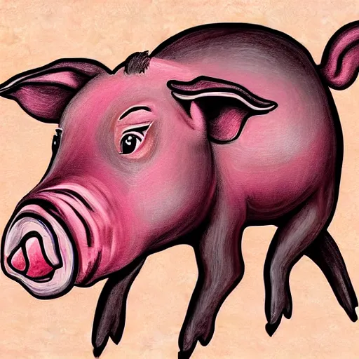 Prompt: a realistic pig eating a rasher of bacon. detailed, digital painting, cartoon style,
