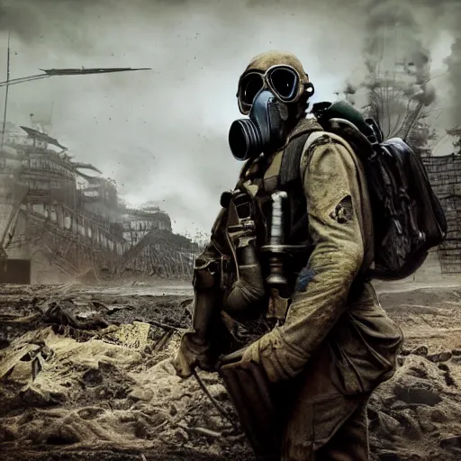 Prompt: Photo realistic render, 8K UHD, gasolinepunk style, forced perspective: ( background = gasolinepunk city, trending on artstation+ background detail = gasolinepunk architecture, high detailed, large depth of field) + (subject= dieselpunk WW1 soilder + subject detail= gas mask, dirty armored suit , muddy ,cool pose, accurate body features, high level body suit, high detailed light refraction , high level texture render)