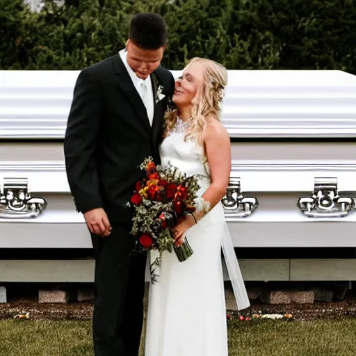 a bride and groom embrace next to an open casket | Stable Diffusion ...