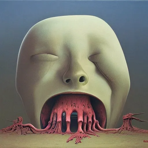 Image similar to It's back guys, oil on canvas by Zdzisław Beksiński