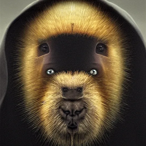 Prompt: a portrait of a baby capybara wearing a black hood, cloak covering face, anatomically correct, beautiful perfect face, enigmatic, oil painting, matte, black background, volumetric dynamic lighting, highly detailed, cinematic lighting, unreal engine, 8 k, hd, by beksinski