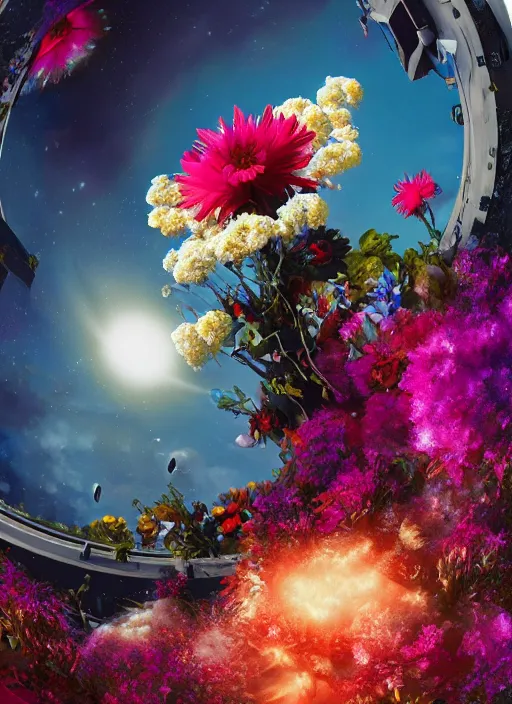 Image similar to An epic fantastic realism comic book style painting of the most beautiful flowers launched into space, bouquets, solar eclipse, fisheye, unreal 5, DAZ, hyperrealistic, octane render, dynamic lighting