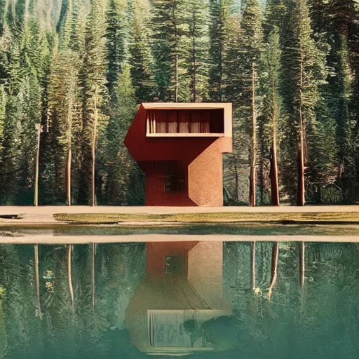 Image similar to wes anderson style modern house near the lake and forest, cinematic, realism, photo