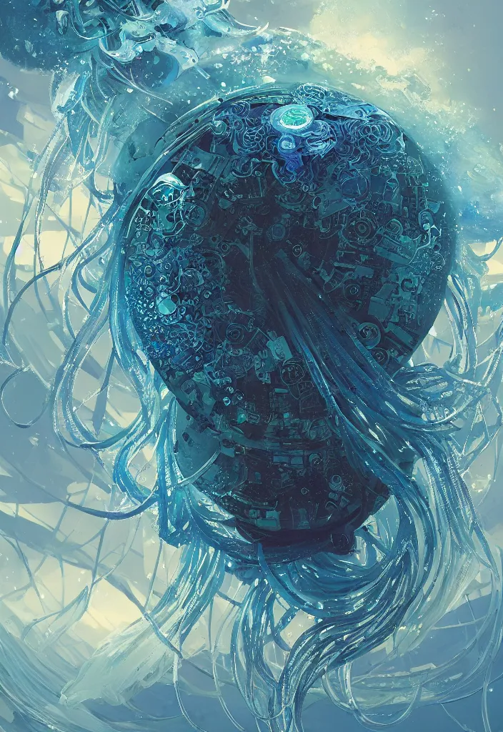 Image similar to Panorama hyper detailed painting of a cyberpunk jellyfish, blue tones, underwater, 8 mm, highly detailed, digital painting, artstation, concept art, smooth, sharp focus, illustration, art by artgerm and greg rutkowski and alphonse mucha