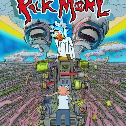 Prompt: Rick and Morty flying in their spaceship in the style of Akira, 2000s manga, anime, Japan