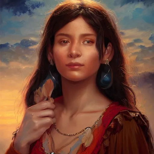 Image similar to portrait of a chilean woman ( 3 5 ) from chile in 2 0 2 1, an oil painting by ross tran and thomas kincade