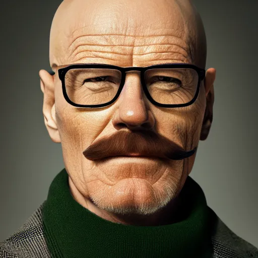 Prompt: Bald Bryan Cranston with a mustache and with aviators and a grey beanie while wearing a black turtleneck and plaid green blazer with golden chains around his neck, Realistic, Hyperrealistic, HD Quality, 4k Resolution, 8k Resolution, Detailed, Very Detailed, Highly Detailed, Studio Quality Lighting, Real Life, Portrait, Photograph