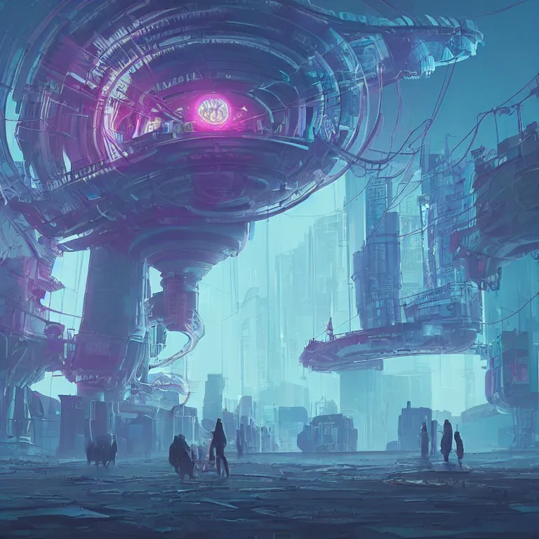 Image similar to a circle portal structure, cyberpunk, epic surrealism, indigo, purple, cyan, detailed digital matte painting in the style of simon stalenhag and painting by ralph mcquarrie