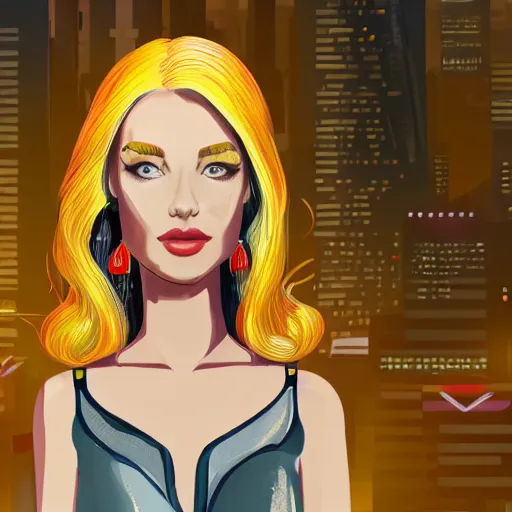 Prompt: a cartoonish portrait of a beautiful blonde woman wearing a cocktail dress, with long hair, in a futuristic blade runner city, illustration art by Pixar, trending on Artstation, 8K