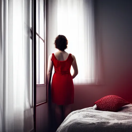 Prompt: woman wearing white and red looking outside the window in her bedroom at night, elegant, highly detailed, 8 k, photorealistic, photography, real picture, heavy grain, studio lighting, hdr