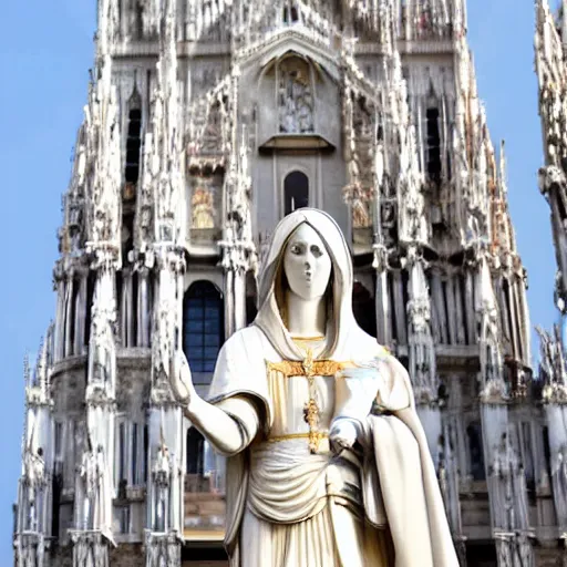 Prompt: the holy mother statue on top of the milan cathedral