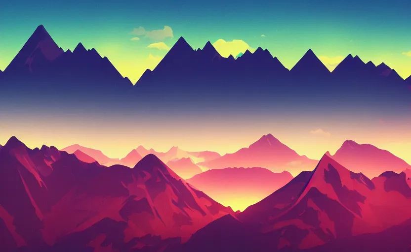 Prompt: beautiful mountain landscape, vaporwave, sunset