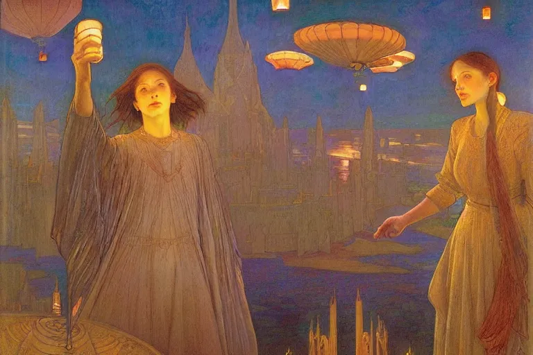 Image similar to Dreaming of the perfect Day by Annie Swynnerton and Nicholas Roerich and jean delville, glowing paper lanterns, strong dramatic cinematic lighting , ornate tiled architecture, lost civilizations, smooth, sharp focus, extremely detailed