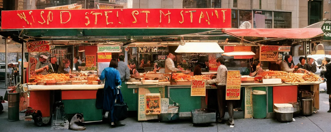 Image similar to food stand promoting spaghetti bowls, in downtown nyc, kodachrome, in the style of wes anderson, retro