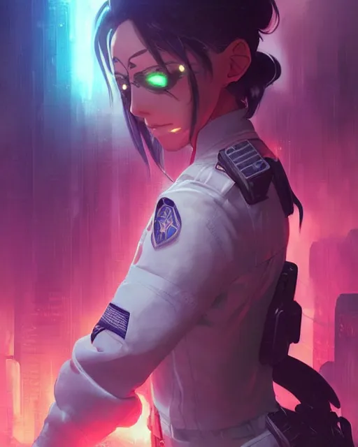 Image similar to anime key visual of a young female police officer, neon, cyberpunk, futuristic, stunning, highly detailed, digital painting, artstation, smooth, soft focus, rule of thirds, illustration, art by artgerm and greg rutkowski and alphonse mucha