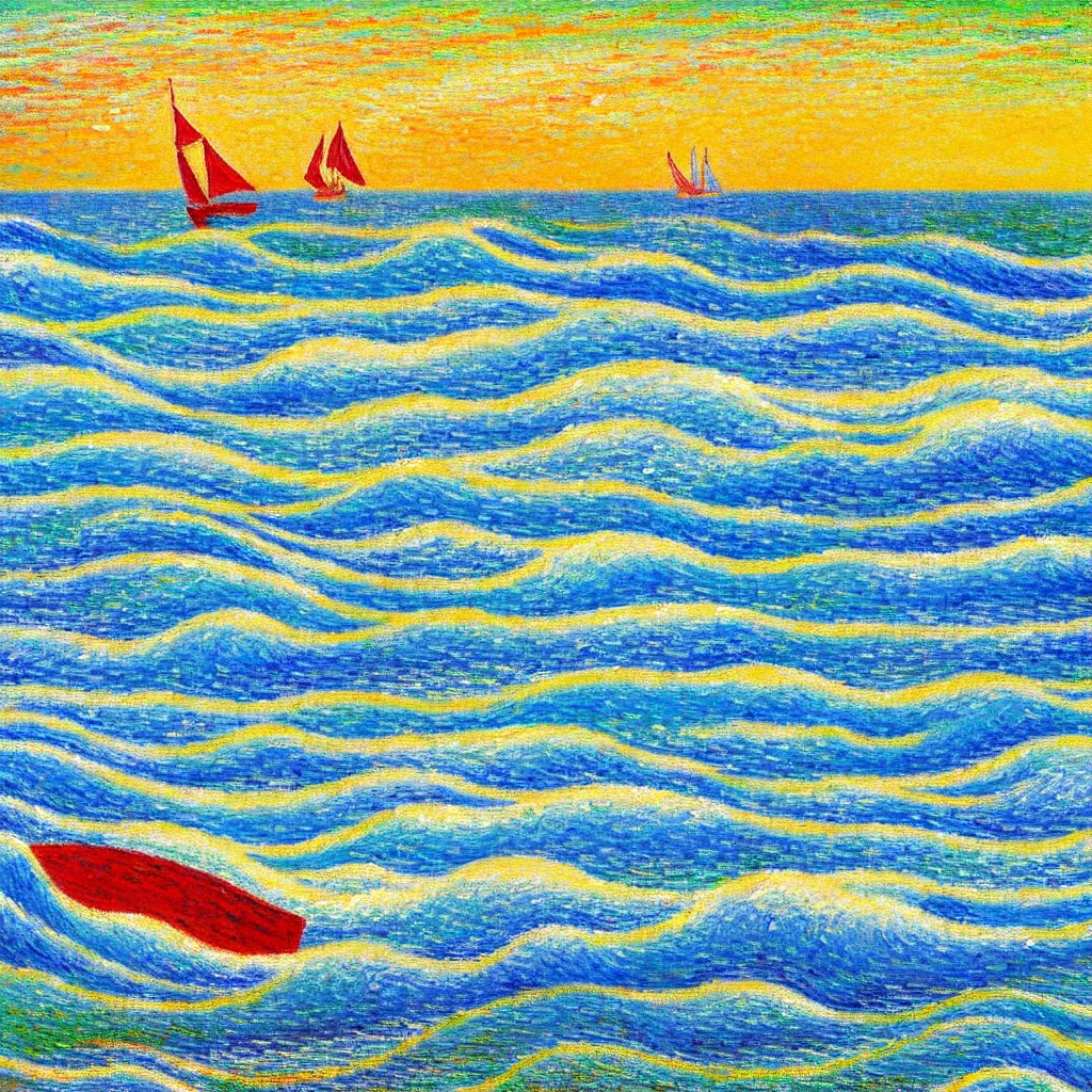 Image similar to beautiful Rolling waves, with a distant, red sailed yacht in the style of Monet and Signac and painted in a style of painting similar to Van Gogh but more impasto and less hatching