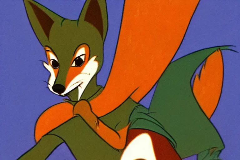 Image similar to vintage disney animation style anthro furry fox robin hood