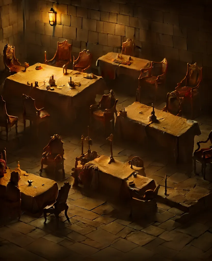 Prompt: the forbidden underground meetings of the traitors, a dimly lit stone room, a single table, some old chairs, all traitors are debating how to kill the king, cinematic landscape, betrayal in the air, octane render, artstation