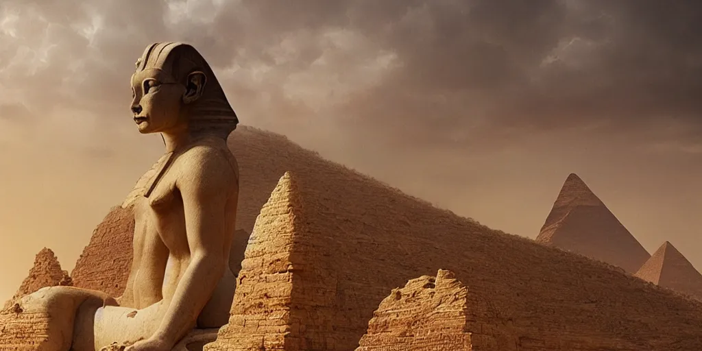 Image similar to never ending story sphinx, greg rutkowski, 8 k, shallow depth of field, moody lighting, golden hour, ultra high detail, concept art,