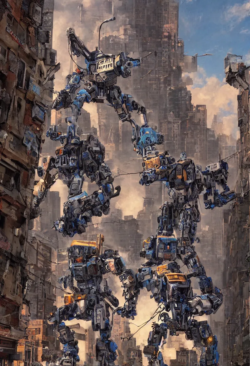 Image similar to chappie battles ed - 2 0 9 in a ghetto in nyc, circa 9 0 0 0, designed by syd mead moebius sorayama jack kirby, hdr, photorealistic, graffiti background, octane render, 8 k