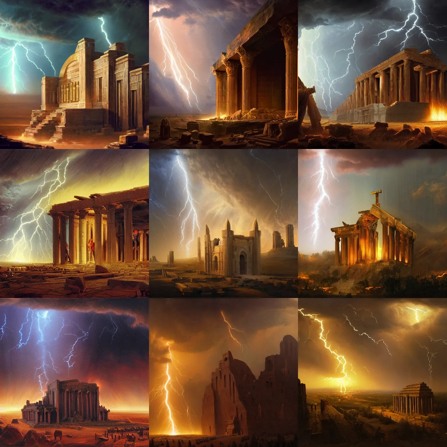 Prompt: Then the temple of God was opened in heaven, and the ark of His covenant was seen in His temple. And there were lightnings, noises, thunderings, an earthquake, and great hail, a matte masterpiece painting by Raymond Swanson and Greg Rutkowski