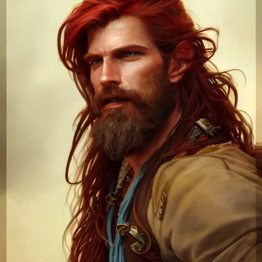 Image similar to portrait of a young ruggedly handsome but joyful pirate, male, masculine, upper body, red hair, long hair, d & d, fantasy, intricate, elegant, highly detailed, digital painting, artstation, concept art, matte, sharp focus, illustration, art by artgerm and greg rutkowski and alphonse mucha