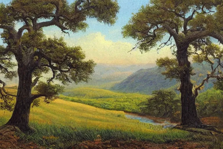 Image similar to masterpiece painting of oak trees on a hillside overlooking a creek, by harold elliott